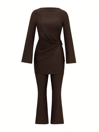 Swim Mulvari Women's New Modest Burkinis Swimwear, Solid Color Slimming Casual Middle East Resort Long Sleeve & Long Pants Two Pieces Swimwear Set