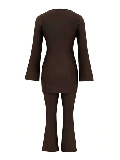 Swim Mulvari Women's New Modest Burkinis Swimwear, Solid Color Slimming Casual Middle East Resort Long Sleeve & Long Pants Two Pieces Swimwear Set