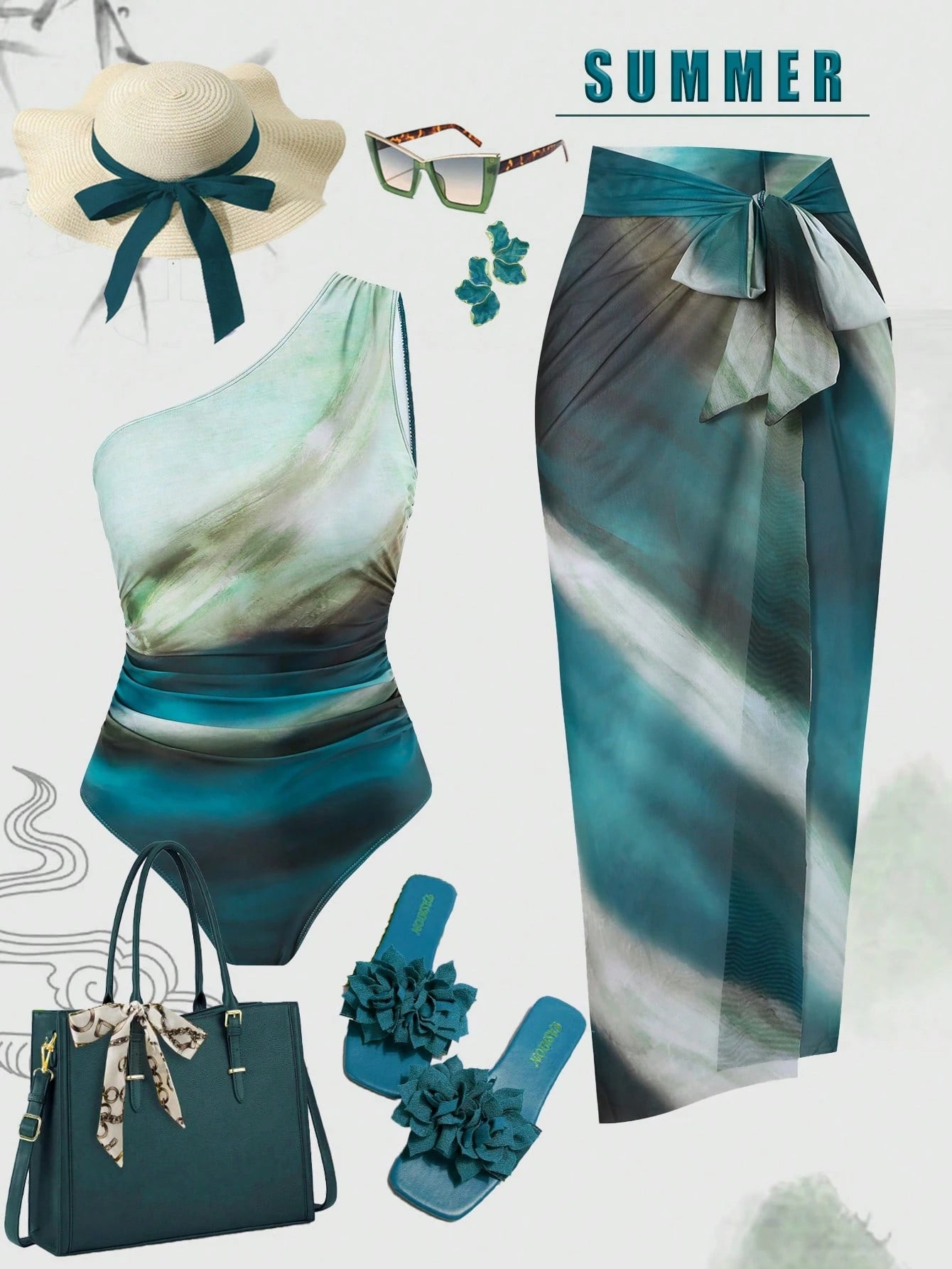 Swim Oasis 1pc Plus Size Tie Dye Print One Shoulder One-Piece Swimsuit And Cover Up Skirt Beach Wear For Women, For Summer Vacation