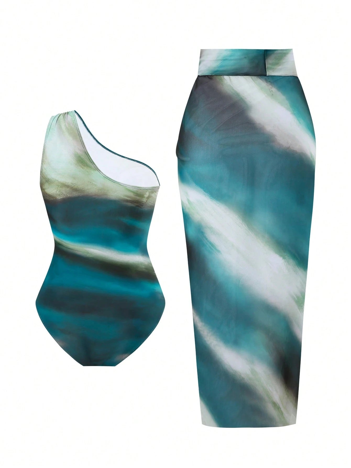 Swim Oasis 1pc Plus Size Tie Dye Print One Shoulder One-Piece Swimsuit And Cover Up Skirt Beach Wear For Women, For Summer Vacation