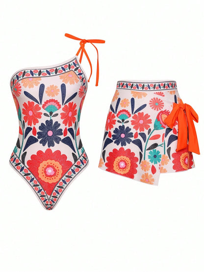 Swim Oasis 2 Pieces Summer Fashion Women Colorful Bowknot Decor One-Piece Swimsuit With Beach Cover-Up Skirt Set