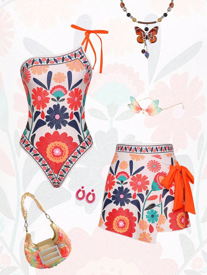 Swim Oasis 2 Pieces Summer Fashion Women Colorful Bowknot Decor One-Piece Swimsuit With Beach Cover-Up Skirt Set