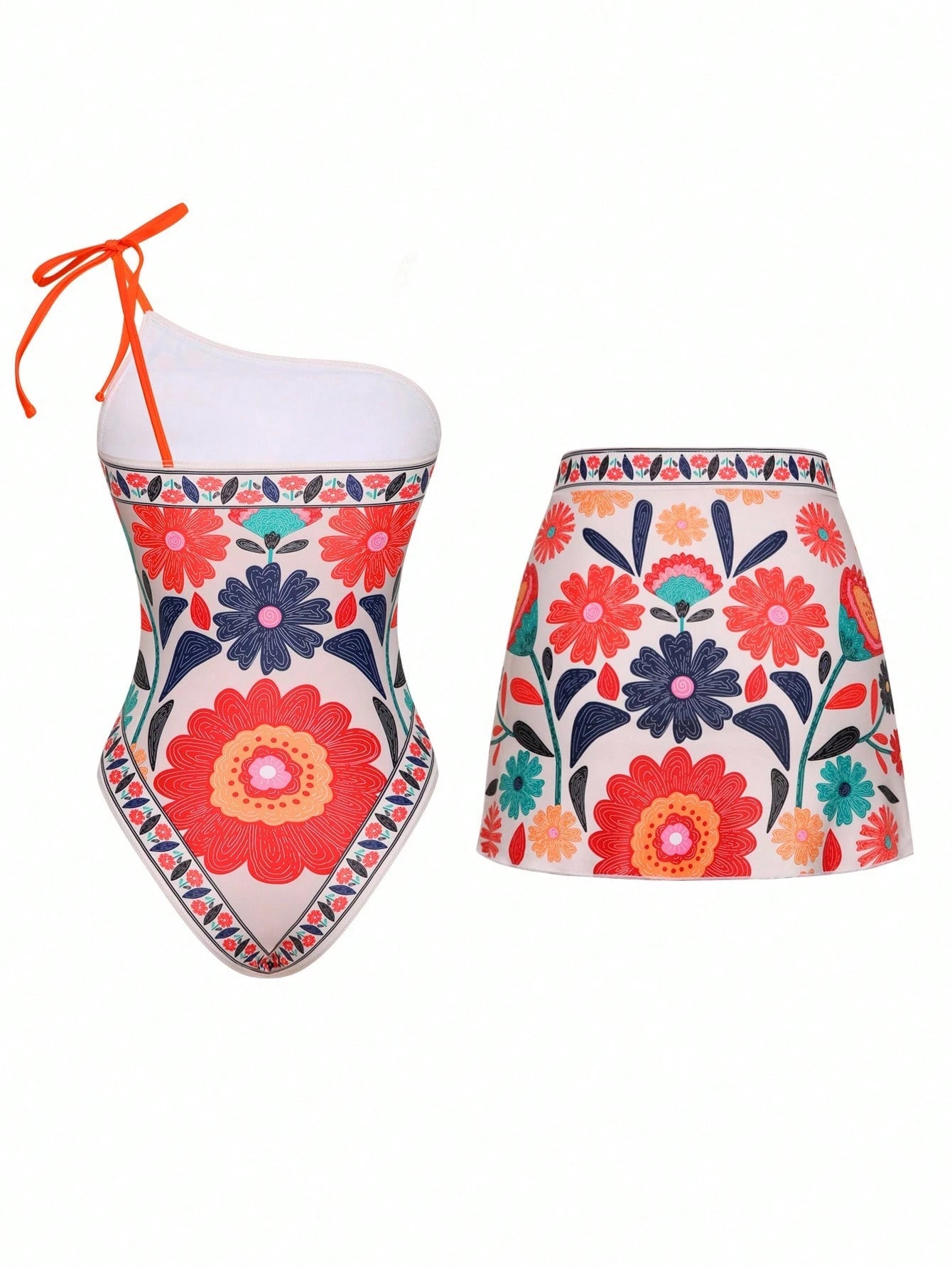 Swim Oasis 2 Pieces Summer Fashion Women Colorful Bowknot Decor One-Piece Swimsuit With Beach Cover-Up Skirt Set