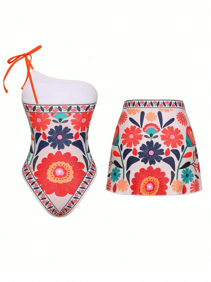 Swim Oasis 2 Pieces Summer Fashion Women Colorful Bowknot Decor One-Piece Swimsuit With Beach Cover-Up Skirt Set
