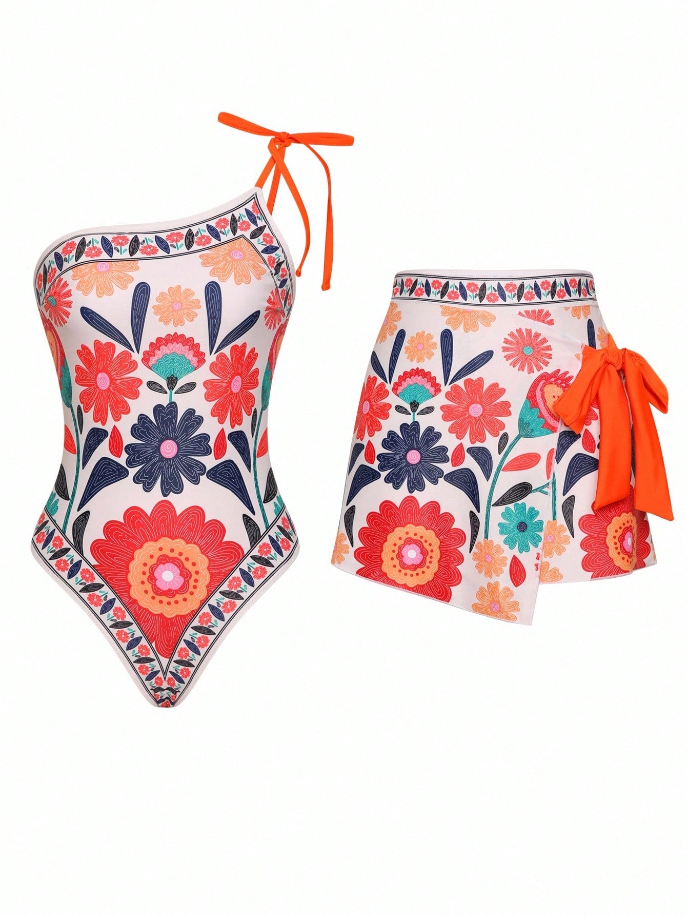 Swim Oasis 2 Pieces Summer Fashion Women Colorful Bowknot Decor One-Piece Swimsuit With Beach Cover-Up Skirt Set