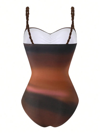 Swim Oasis 2026 Spring/Summer New Plus Size Women's Fashion Resort Random Digital Print Macrame Design One-Piece Swimsuit + Wrap Skirt Beach Set