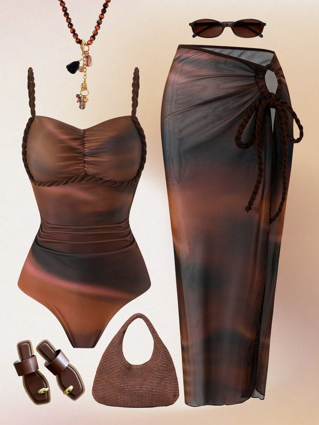 Swim Oasis 2026 Spring/Summer New Plus Size Women's Fashion Resort Random Digital Print Macrame Design One-Piece Swimsuit + Wrap Skirt Beach Set