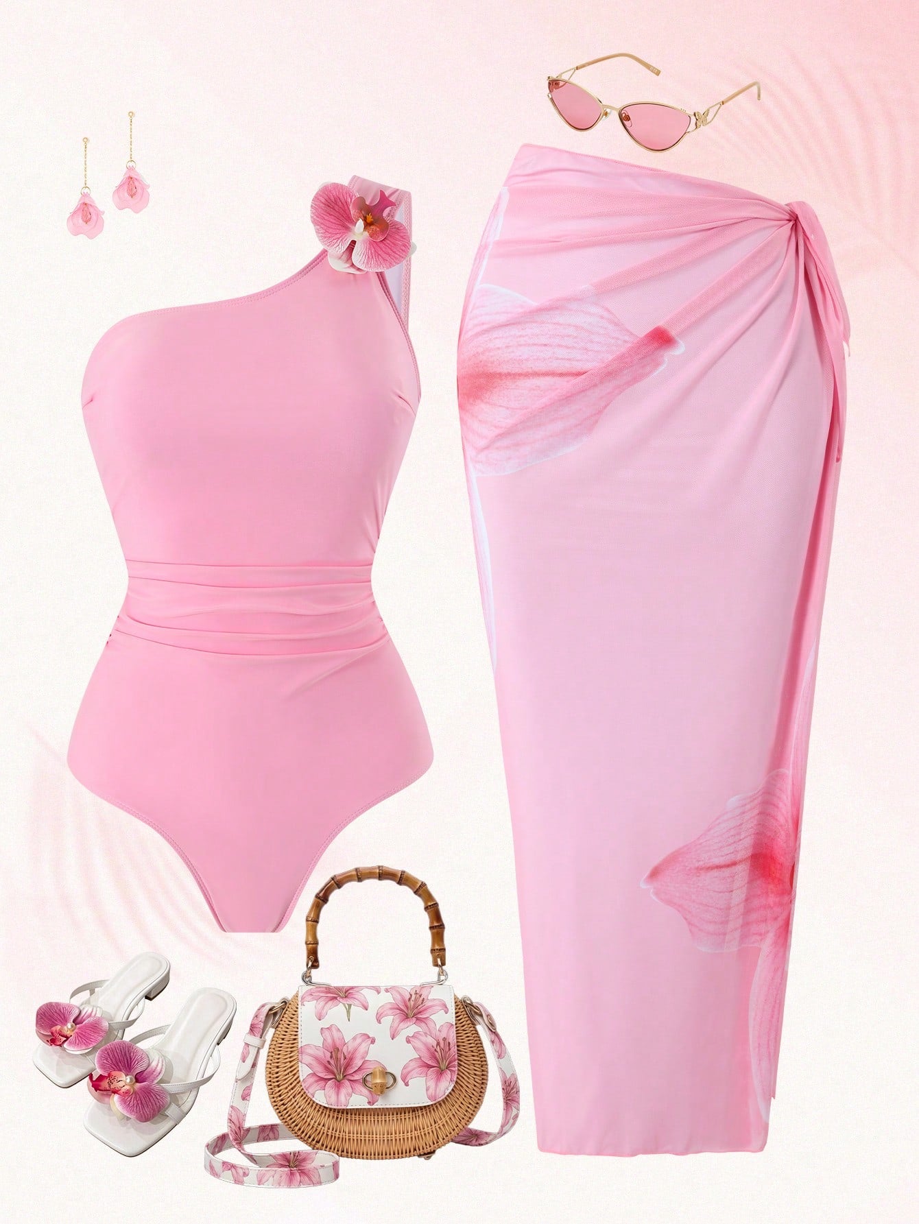 Swim Oasis 2026 Spring/Summer New Women's Plus Size Fashion Vacation Pink Floral Placement Digital Print One-Shoulder Design One-Piece Swimsuit + Skirt Beachwear