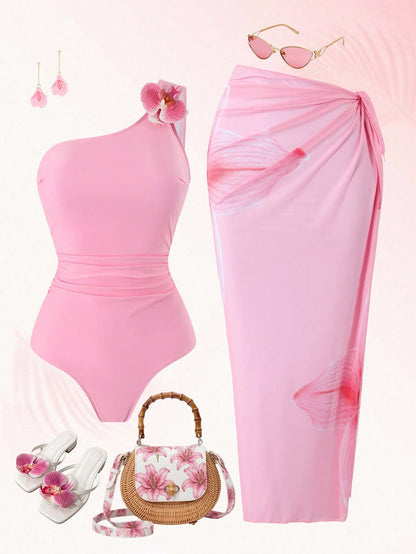 Swim Oasis 2026 Spring/Summer New Women's Plus Size Fashion Vacation Pink Floral Placement Digital Print One-Shoulder Design One-Piece Swimsuit + Skirt Beachwear