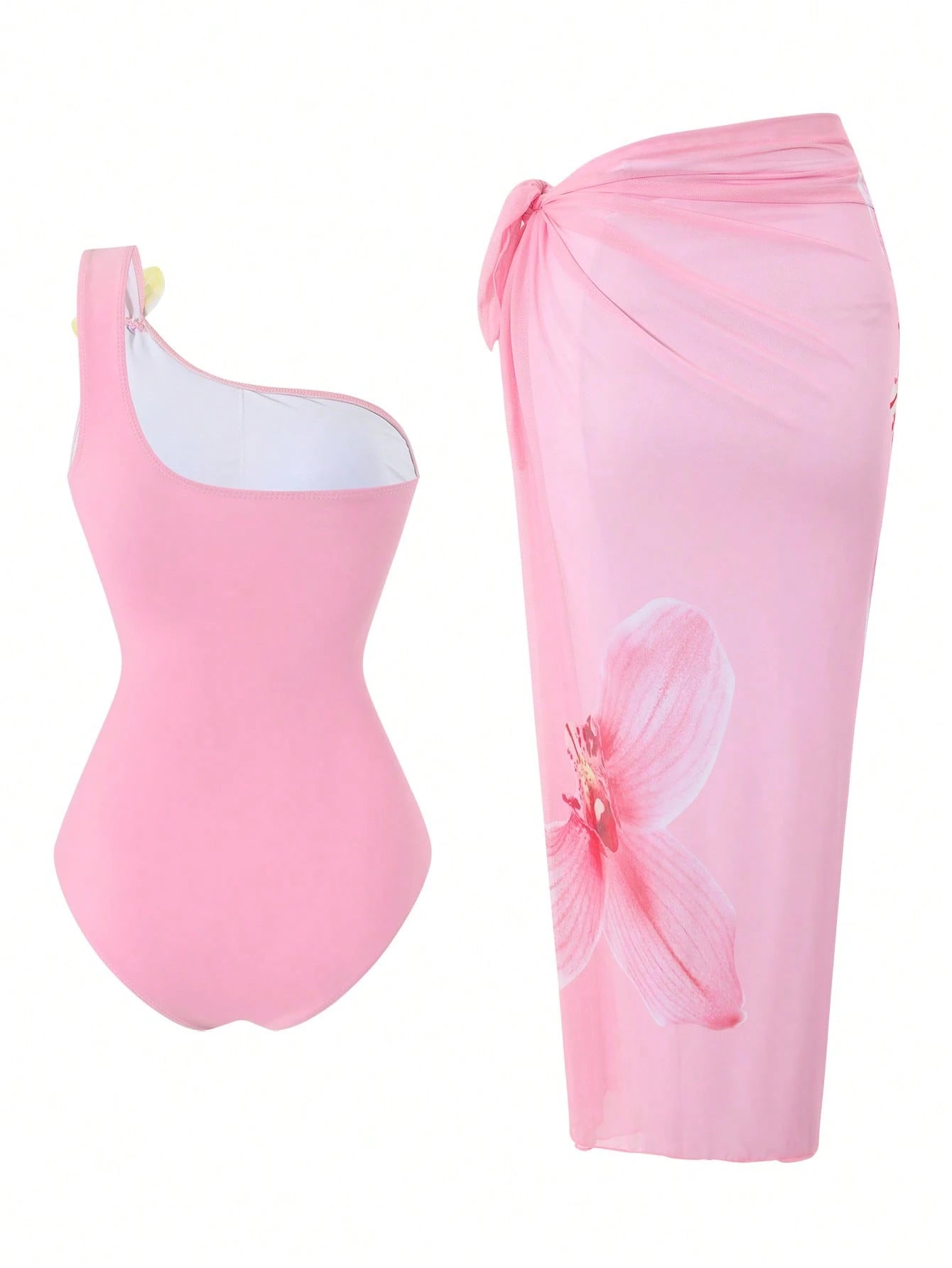 Swim Oasis 2026 Spring/Summer New Women's Plus Size Fashion Vacation Pink Floral Placement Digital Print One-Shoulder Design One-Piece Swimsuit + Skirt Beachwear