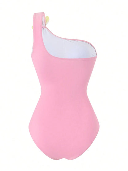 Swim Oasis 2026 Spring/Summer New Women's Plus Size Fashion Vacation Pink Floral Placement Digital Print One-Shoulder Design One-Piece Swimsuit + Skirt Beachwear
