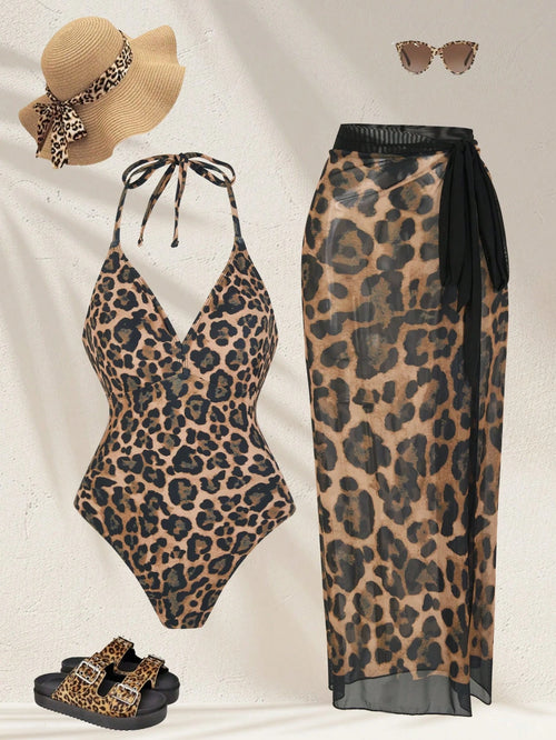 Swim Oasis 2pcs Plus Size Women Leopard Print V-Neck One Piece Swimsuit With Skirt Cover Up,Tie Dye,Summer,Beach,Vacation,Holiday Casual Resort Beachwear Fashion