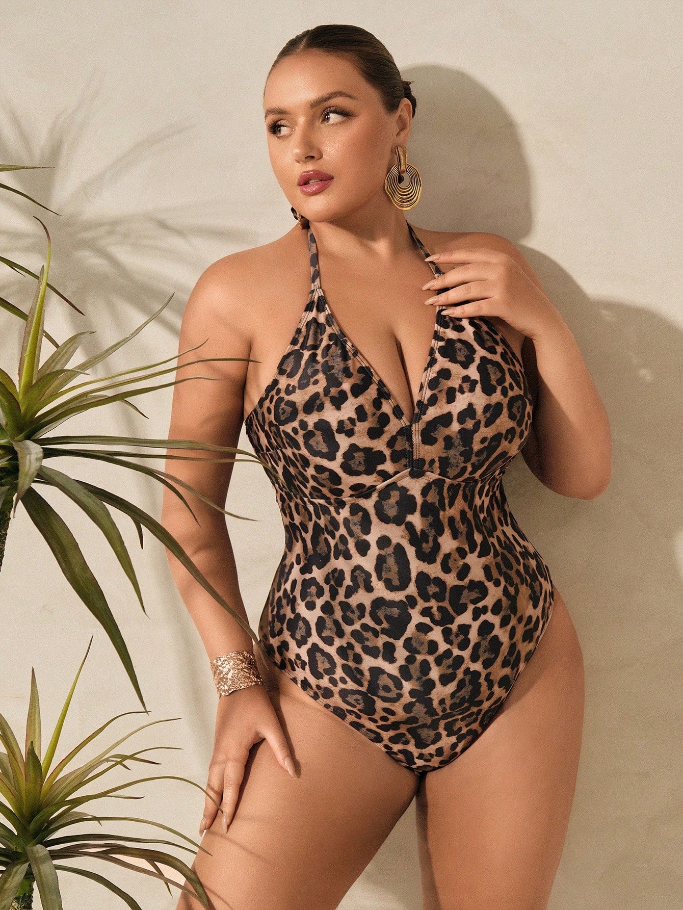 Swim Oasis 2pcs Plus Size Women Leopard Print V-Neck One Piece Swimsuit With Skirt Cover Up,Tie Dye,Summer,Beach,Vacation,Holiday Casual Resort Beachwear Fashion