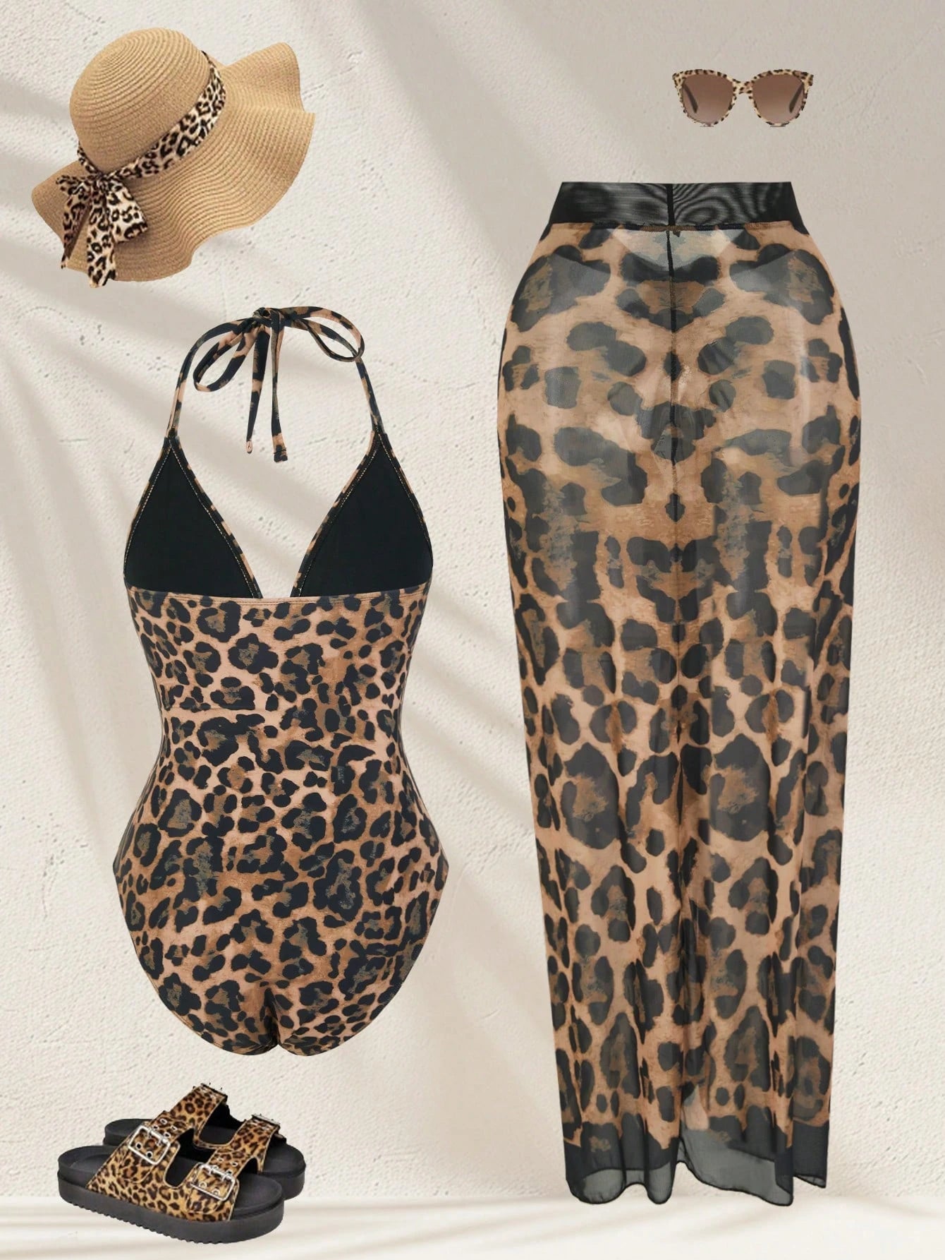 Swim Oasis 2pcs Plus Size Women Leopard Print V-Neck One Piece Swimsuit With Skirt Cover Up,Tie Dye,Summer,Beach,Vacation,Holiday Casual Resort Beachwear Fashion