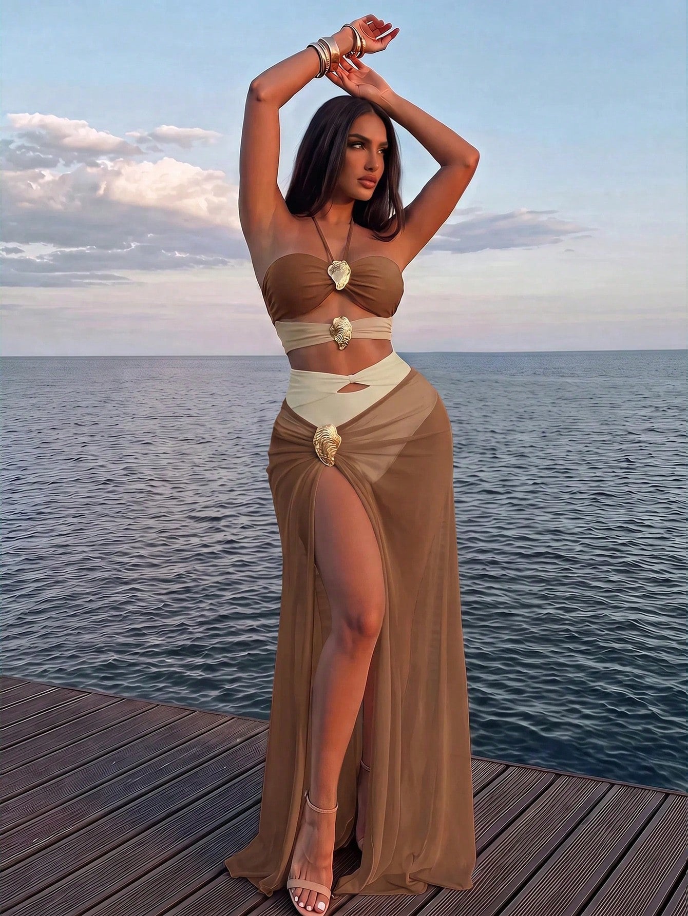 Swim Oasis 2pcs Women's Solid Color Metal Decor Hollow Halter Swimsuit And Mesh Cover Up Skirt Beach Outfit