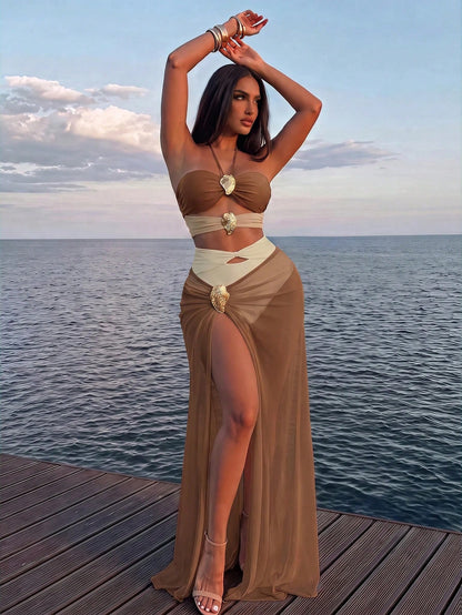 Swim Oasis 2pcs Women's Solid Color Metal Decor Hollow Halter Swimsuit And Mesh Cover Up Skirt Beach Outfit