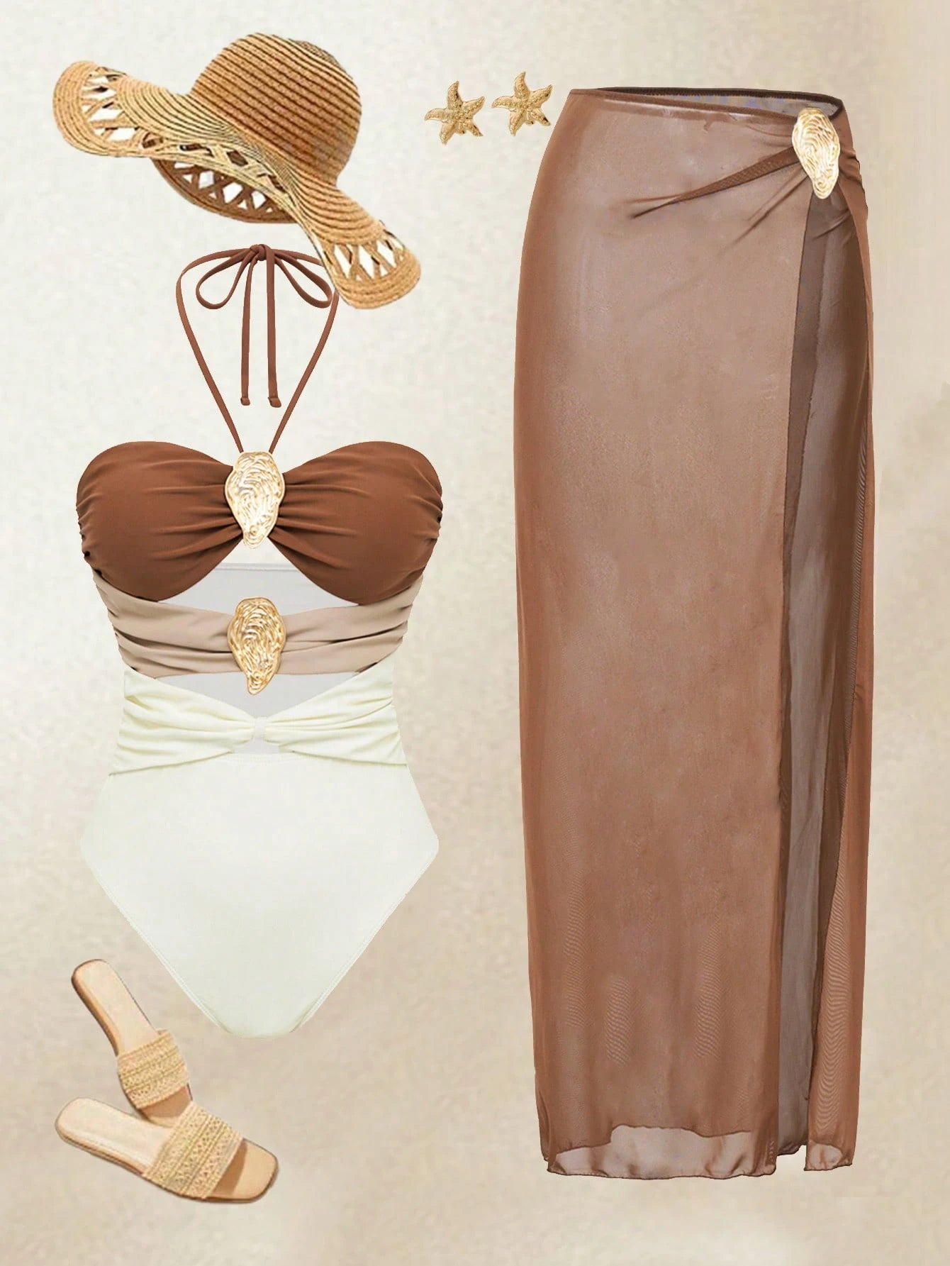 Swim Oasis 2pcs Women's Solid Color Metal Decor Hollow Halter Swimsuit And Mesh Cover Up Skirt Beach Outfit