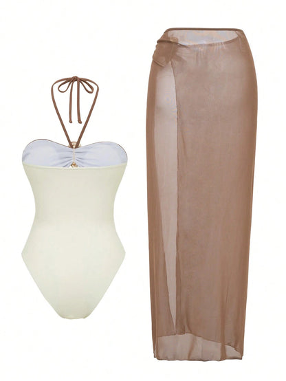 Swim Oasis 2pcs Women's Solid Color Metal Decor Hollow Halter Swimsuit And Mesh Cover Up Skirt Beach Outfit