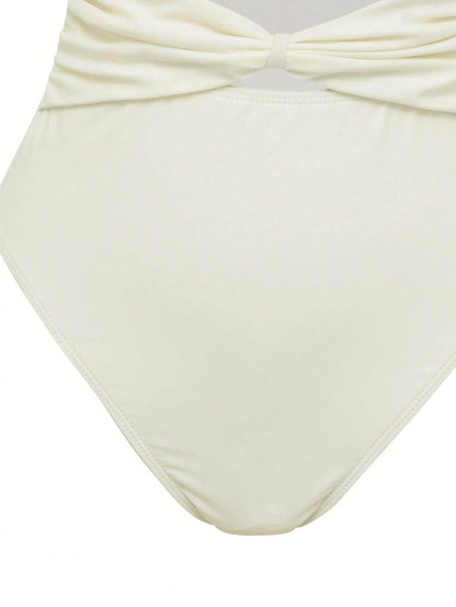 Swim Oasis 2pcs Women's Solid Color Metal Decor Hollow Halter Swimsuit And Mesh Cover Up Skirt Beach Outfit