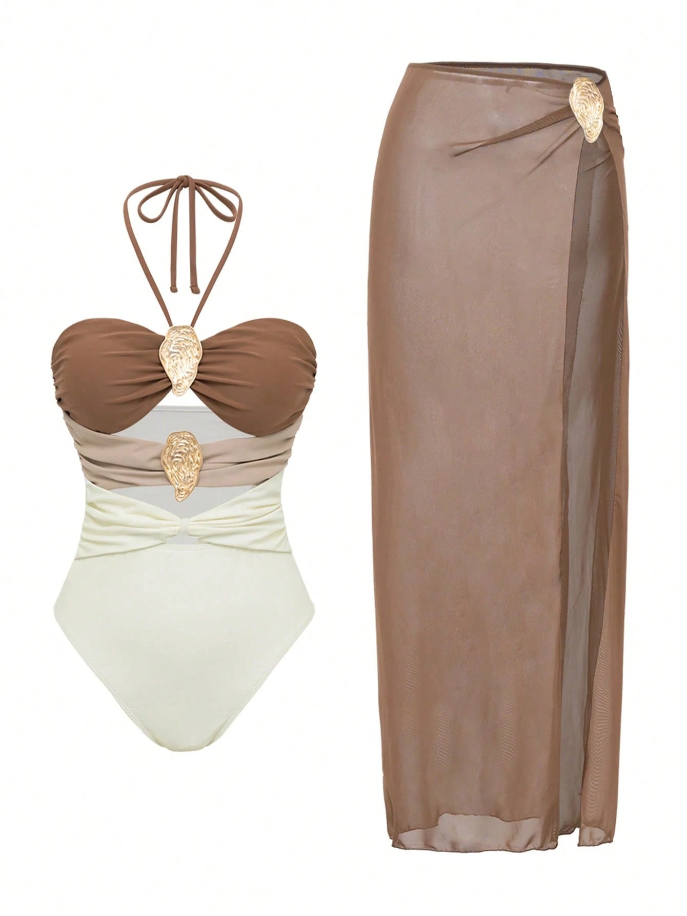Swim Oasis 2pcs Women's Solid Color Metal Decor Hollow Halter Swimsuit And Mesh Cover Up Skirt Beach Outfit