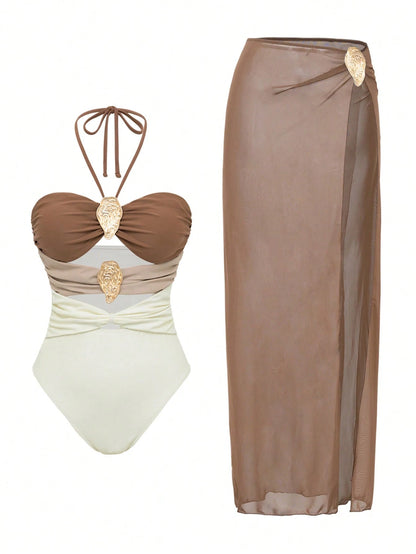 Swim Oasis 2pcs Women's Solid Color Metal Decor Hollow Halter Swimsuit And Mesh Cover Up Skirt Beach Outfit