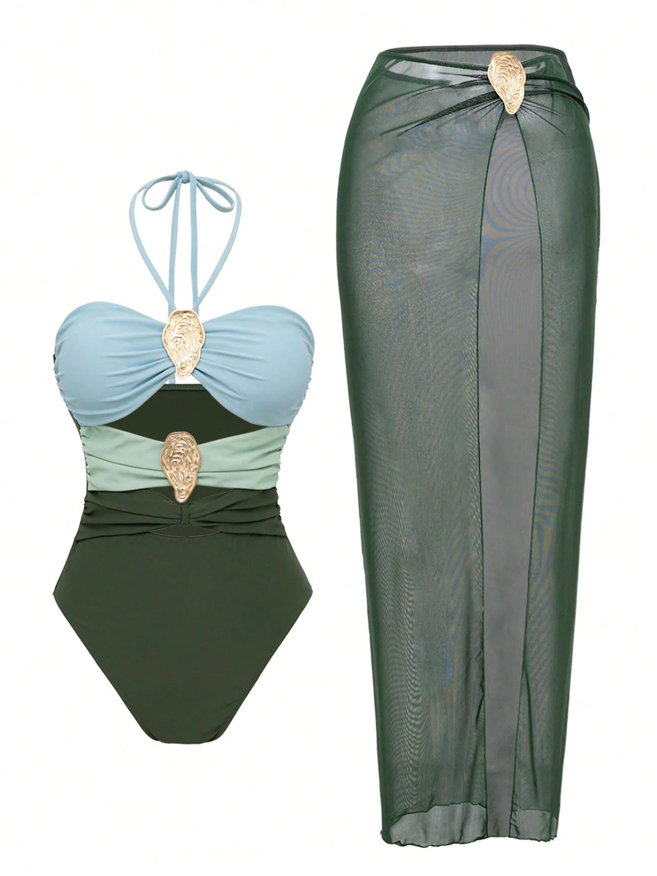 Swim Oasis 2pcs Women's Solid Color Metal Decor Hollow Halter Swimsuit And Mesh Cover Up Skirt Beach Outfit