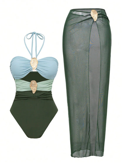Swim Oasis 2pcs Women's Solid Color Metal Decor Hollow Halter Swimsuit And Mesh Cover Up Skirt Beach Outfit