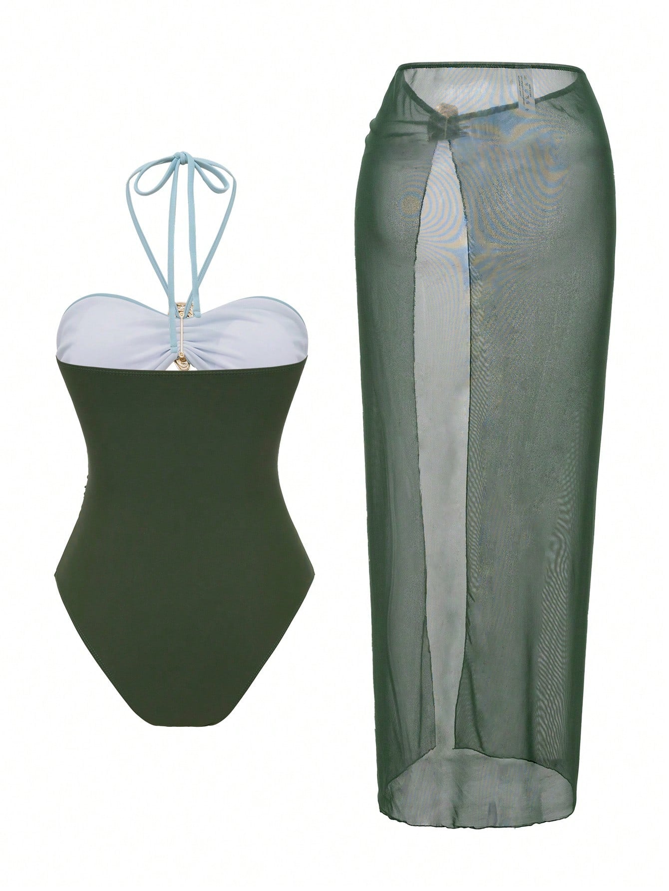 Swim Oasis 2pcs Women's Solid Color Metal Decor Hollow Halter Swimsuit And Mesh Cover Up Skirt Beach Outfit