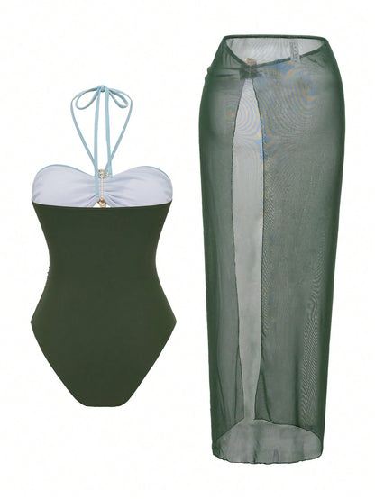 Swim Oasis 2pcs Women's Solid Color Metal Decor Hollow Halter Swimsuit And Mesh Cover Up Skirt Beach Outfit