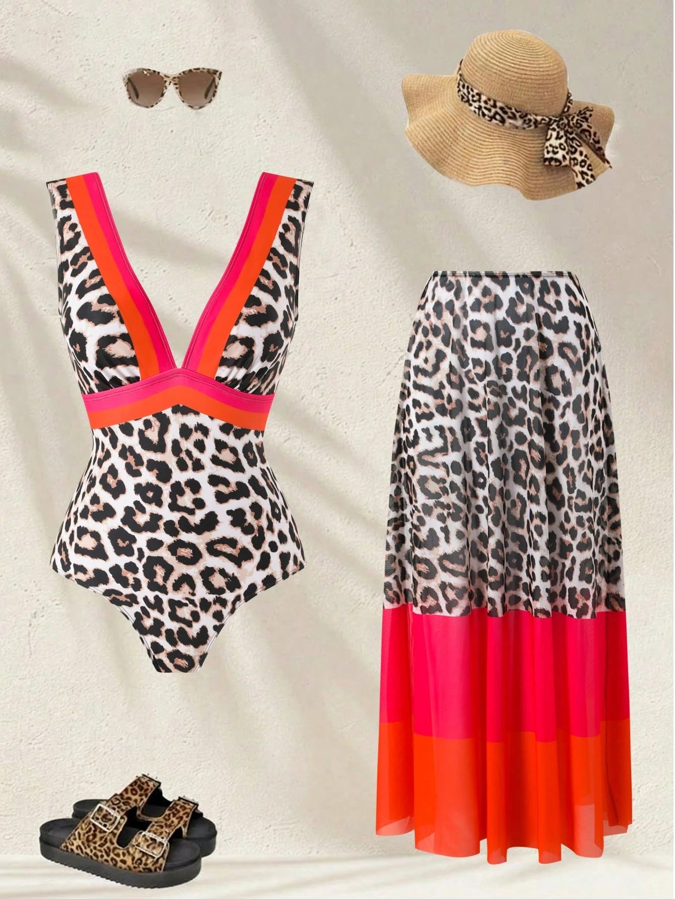 Swim Oasis Beige Plus Size Leopard Print V-Neck Thick Strap One-Piece Swimsuit With High Waist Skirt, Summer Beach Vacation Holiday Outfit For Women