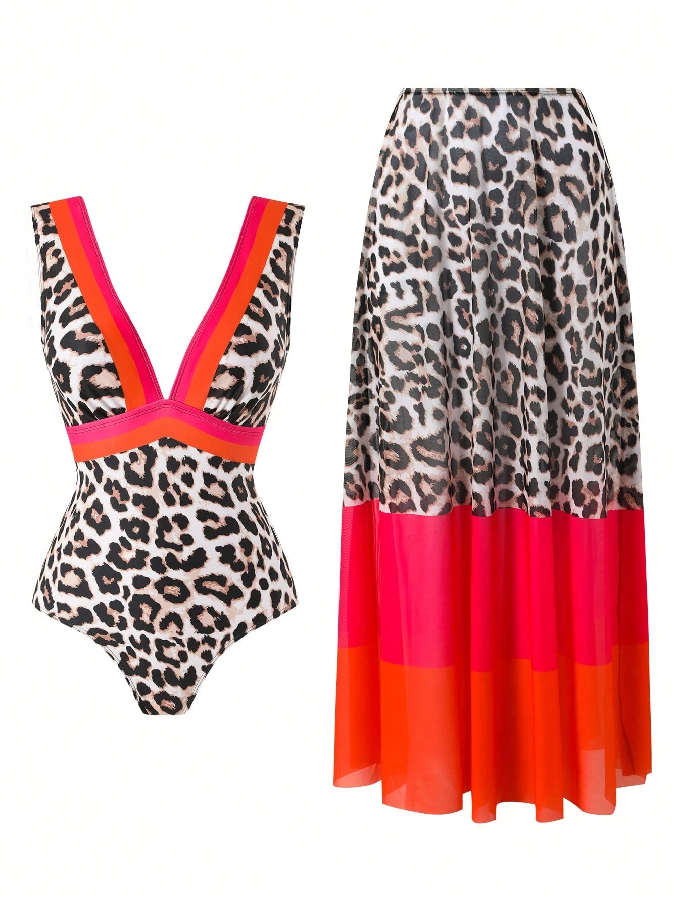 Swim Oasis Beige Plus Size Leopard Print V-Neck Thick Strap One-Piece Swimsuit With High Waist Skirt, Summer Beach Vacation Holiday Outfit For Women