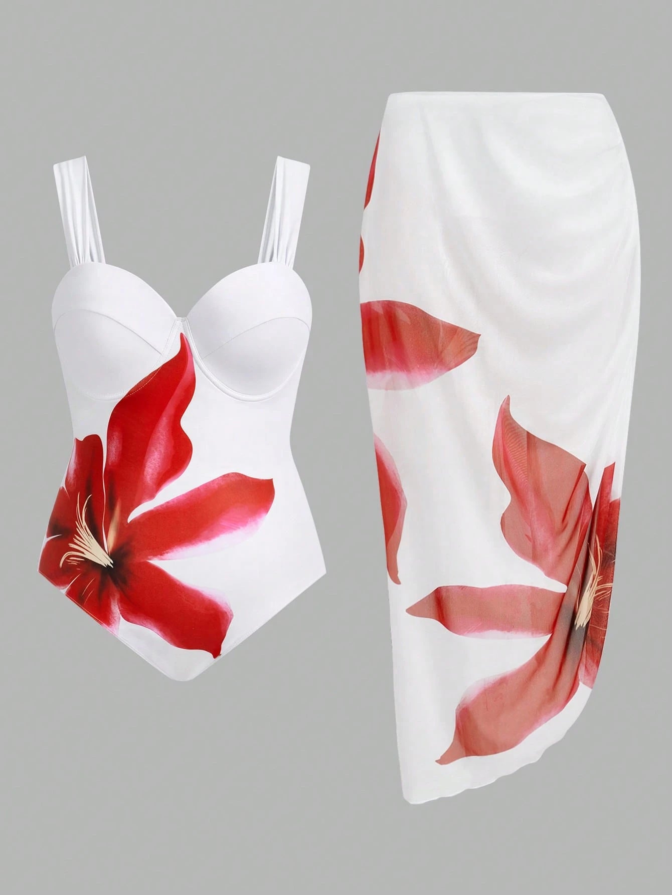 Swim Oasis Plus Size Women Floral Print One-Piece Swimsuit And Cover-Up Skirt Set Summer