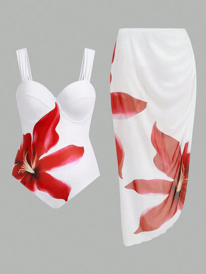 Swim Oasis Plus Size Women Floral Print One-Piece Swimsuit And Cover-Up Skirt Set Summer