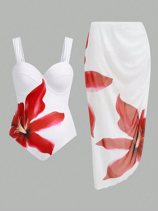 Swim Oasis Plus Size Women Floral Print One-Piece Swimsuit And Cover-Up Skirt Set Summer