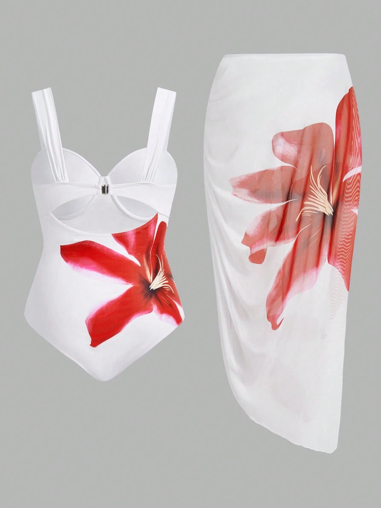Swim Oasis Plus Size Women Floral Print One-Piece Swimsuit And Cover-Up Skirt Set Summer