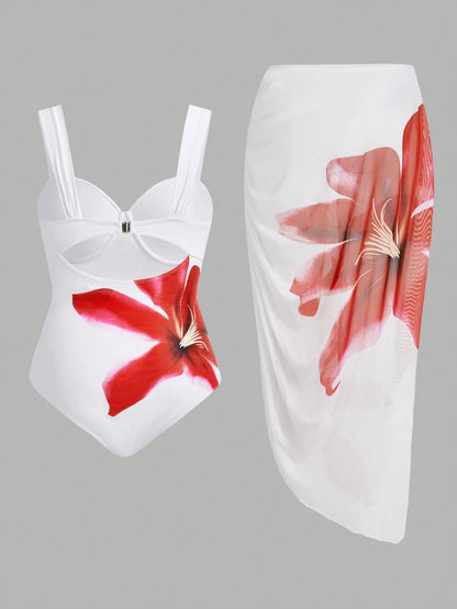 Swim Oasis Plus Size Women Floral Print One-Piece Swimsuit And Cover-Up Skirt Set Summer