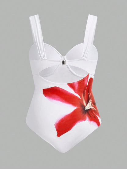 Swim Oasis Plus Size Women Floral Print One-Piece Swimsuit And Cover-Up Skirt Set Summer
