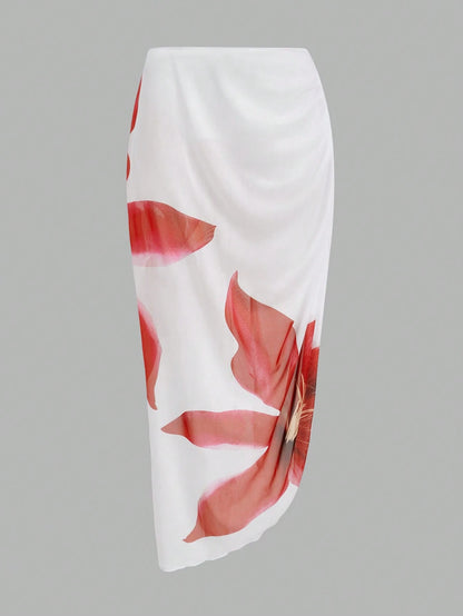 Swim Oasis Plus Size Women Floral Print One-Piece Swimsuit And Cover-Up Skirt Set Summer