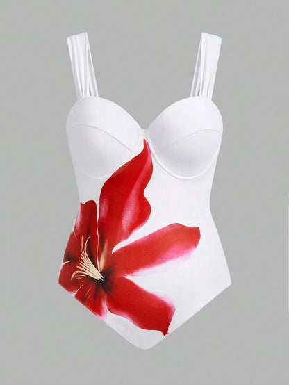 Swim Oasis Plus Size Women Floral Print One-Piece Swimsuit And Cover-Up Skirt Set Summer