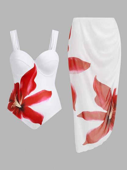 Swim Oasis Plus Size Women Floral Print One-Piece Swimsuit And Cover-Up Skirt Set Summer