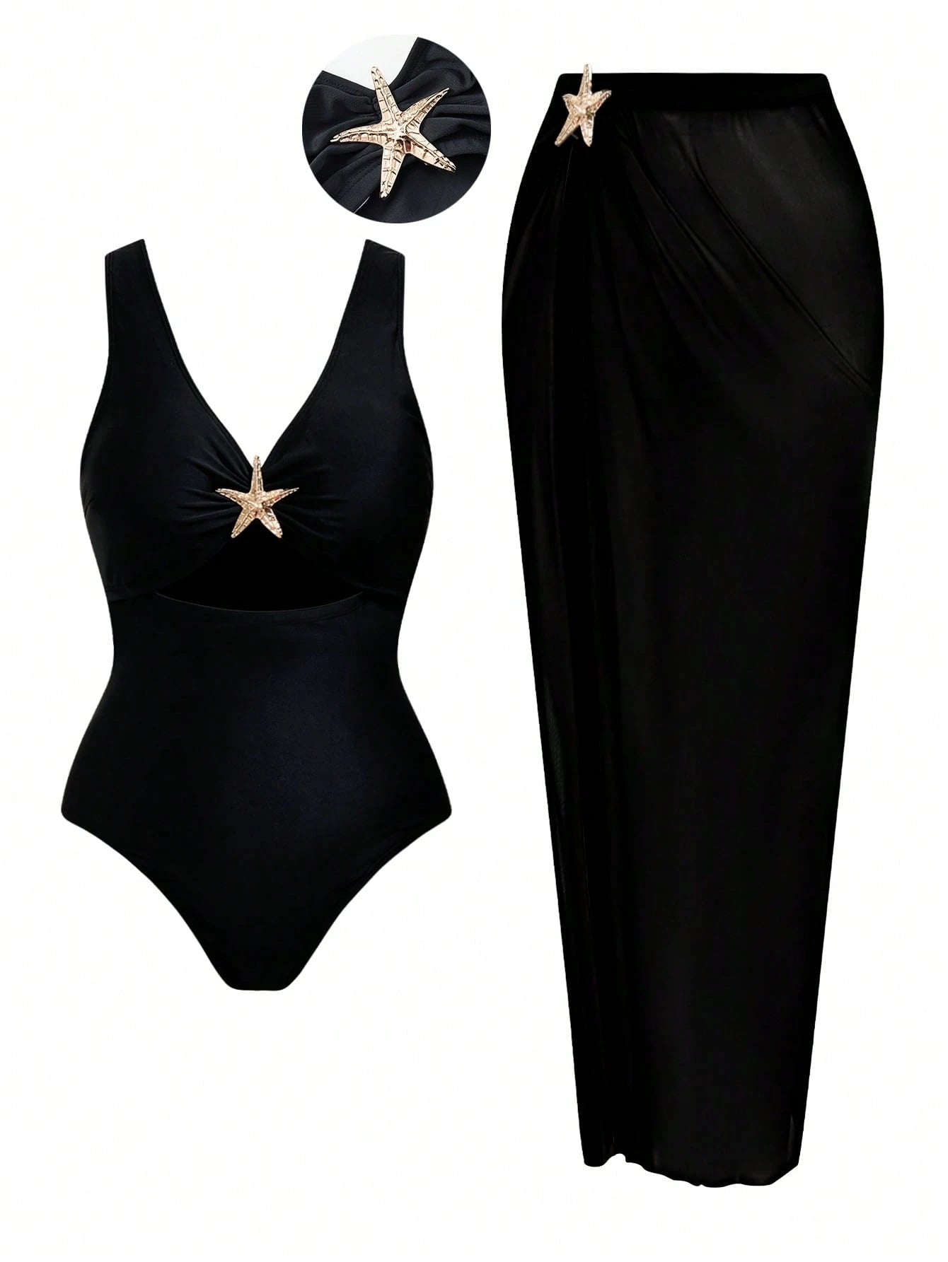 Swim Oasis Plus Size Women's Black Summer Elegant Beach Holiday Swimwear,2 Pieces Hollow Out Starfish Decor One-Piece Swimsuit With Long Split Skirt Cover Up