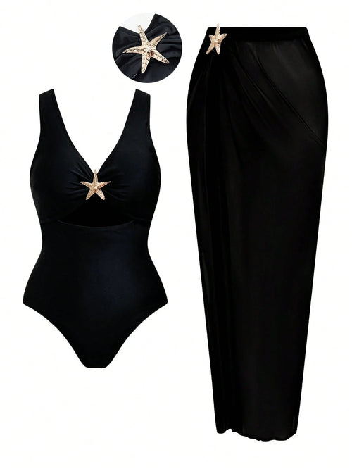 Swim Oasis Plus Size Women's Black Summer Elegant Beach Holiday Swimwear,2 Pieces Hollow Out Starfish Decor One-Piece Swimsuit With Long Split Skirt Cover Up