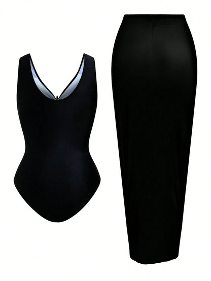 Swim Oasis Plus Size Women's Black Summer Elegant Beach Holiday Swimwear,2 Pieces Hollow Out Starfish Decor One-Piece Swimsuit With Long Split Skirt Cover Up