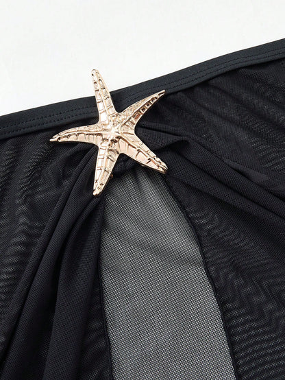 Swim Oasis Plus Size Women's Black Summer Elegant Beach Holiday Swimwear,2 Pieces Hollow Out Starfish Decor One-Piece Swimsuit With Long Split Skirt Cover Up