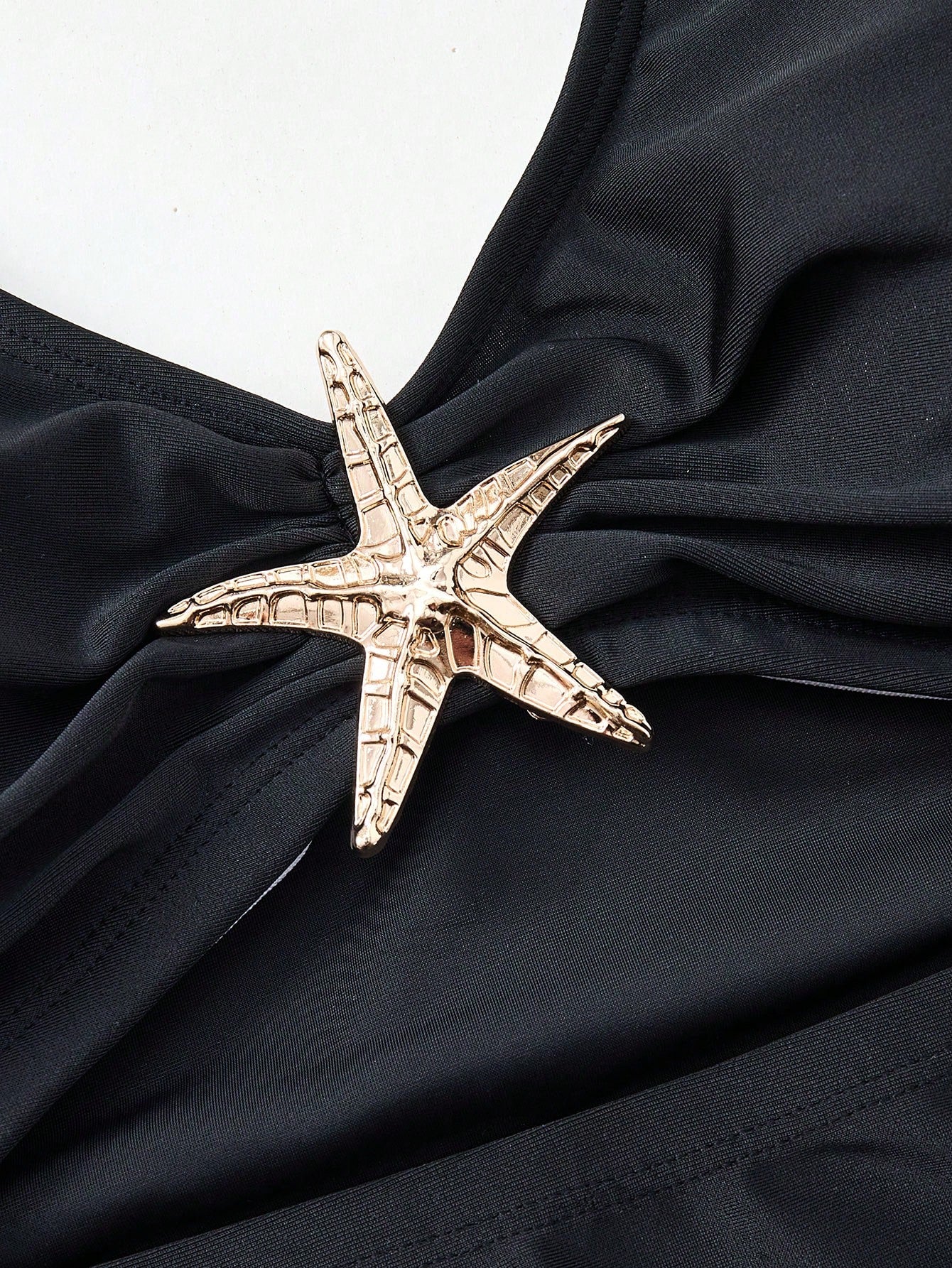 Swim Oasis Plus Size Women's Black Summer Elegant Beach Holiday Swimwear,2 Pieces Hollow Out Starfish Decor One-Piece Swimsuit With Long Split Skirt Cover Up