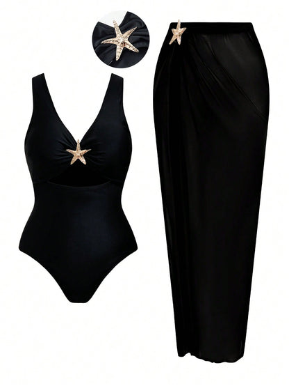 Swim Oasis Plus Size Women's Black Summer Elegant Beach Holiday Swimwear,2 Pieces Hollow Out Starfish Decor One-Piece Swimsuit With Long Split Skirt Cover Up