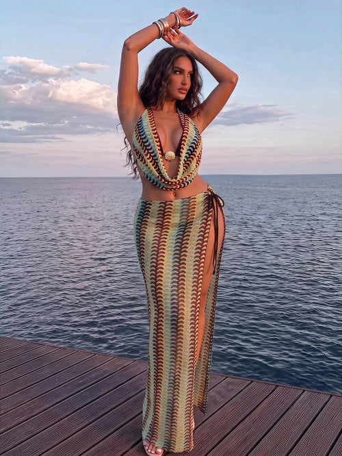 Swim Oasis Summer Beach Vacation Women Halter Neck Special Fabric Top With Side Tie Pants, Side Tie Swimwear And Skirt
