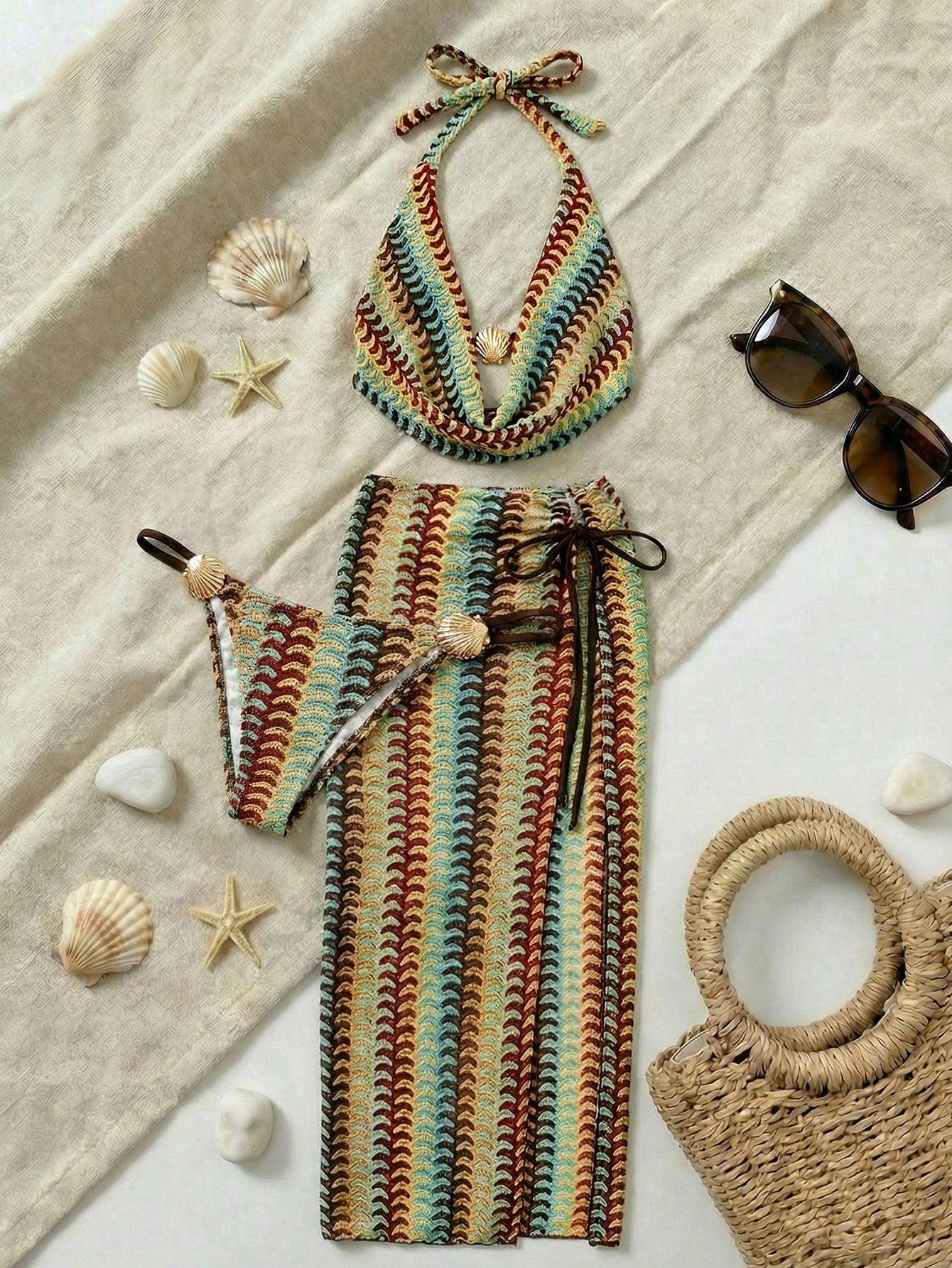 Swim Oasis Summer Beach Vacation Women Halter Neck Special Fabric Top With Side Tie Pants, Side Tie Swimwear And Skirt