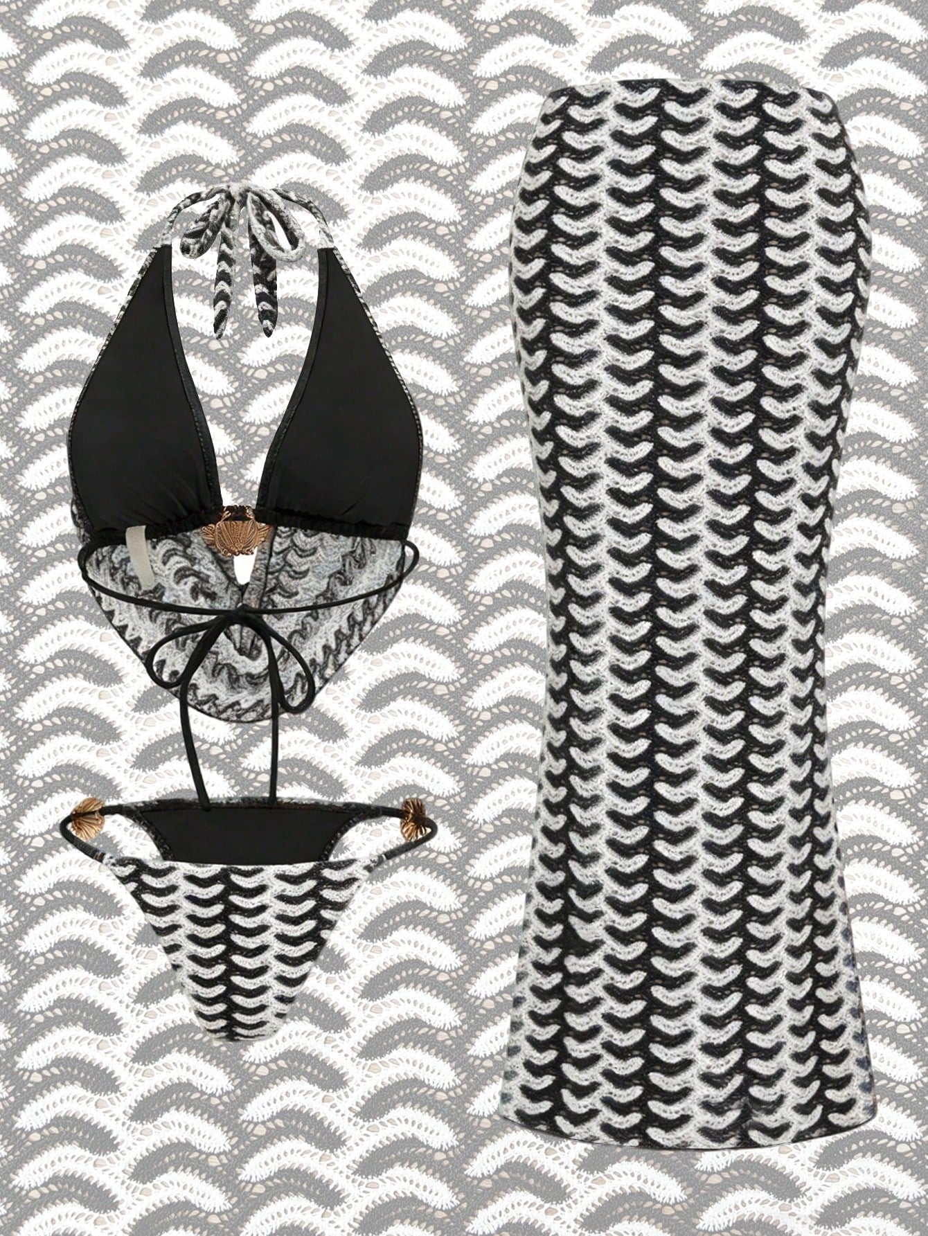 Swim Oasis Summer Beach Vacation Women Halter Neck Special Fabric Top With Side Tie Pants, Side Tie Swimwear And Skirt