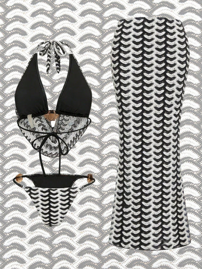 Swim Oasis Summer Beach Vacation Women Halter Neck Special Fabric Top With Side Tie Pants, Side Tie Swimwear And Skirt